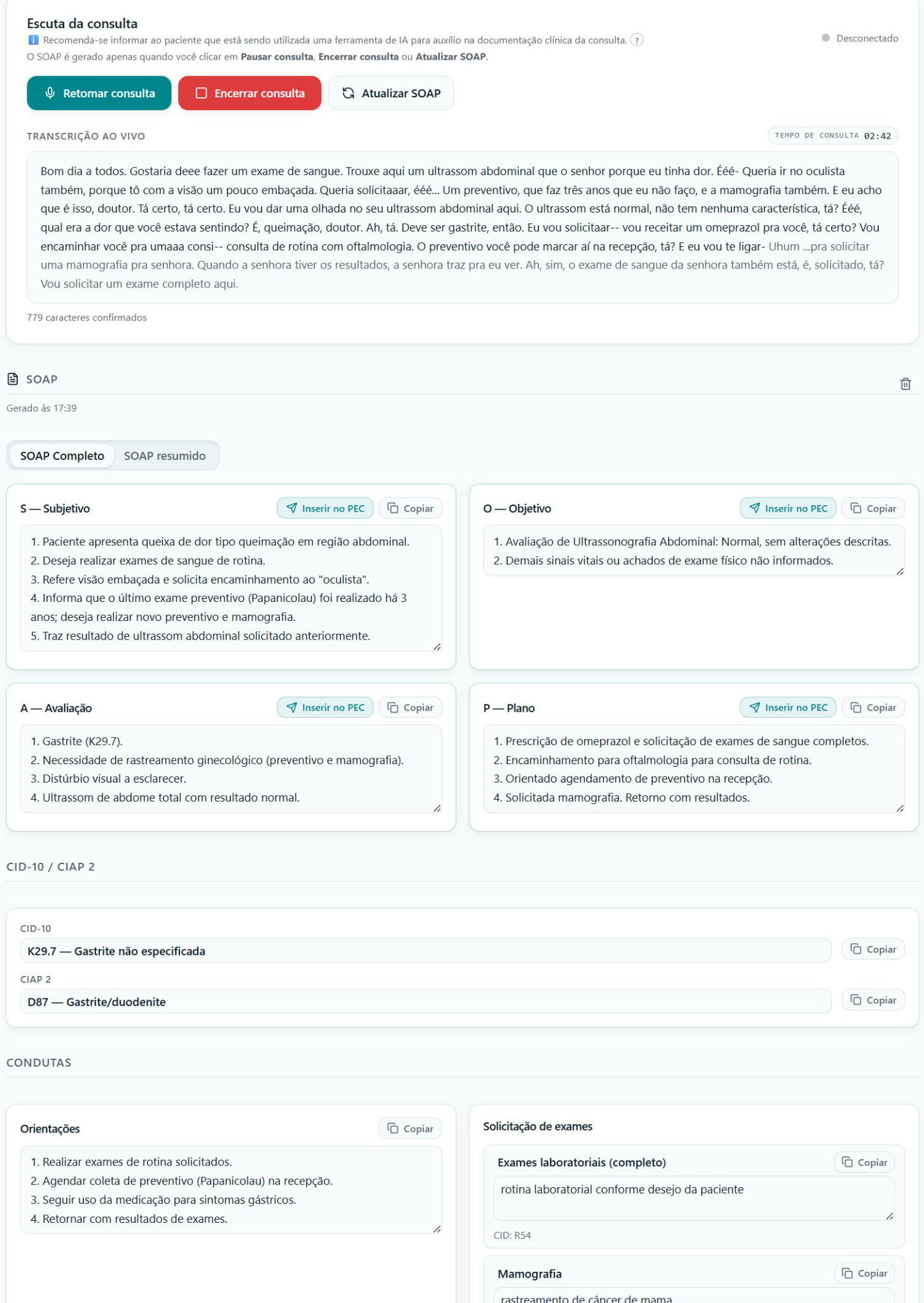 Interface do PEC.AI mostrando transcrição ao vivo e SOAP gerado automaticamente